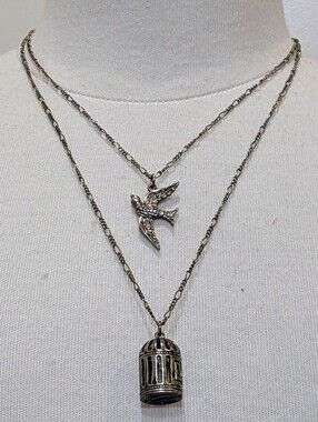 EUC Claire's 16"-20" Silvertone 2 Layer Birdcage and Swallow Hipster Necklace
